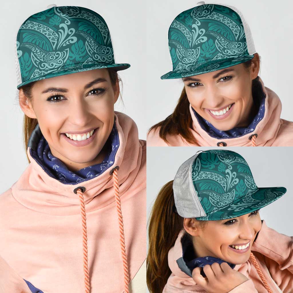 Teal Monstera Mesh Trucker Cap Polynesian Tribal Pattern - Polynesian Pride
