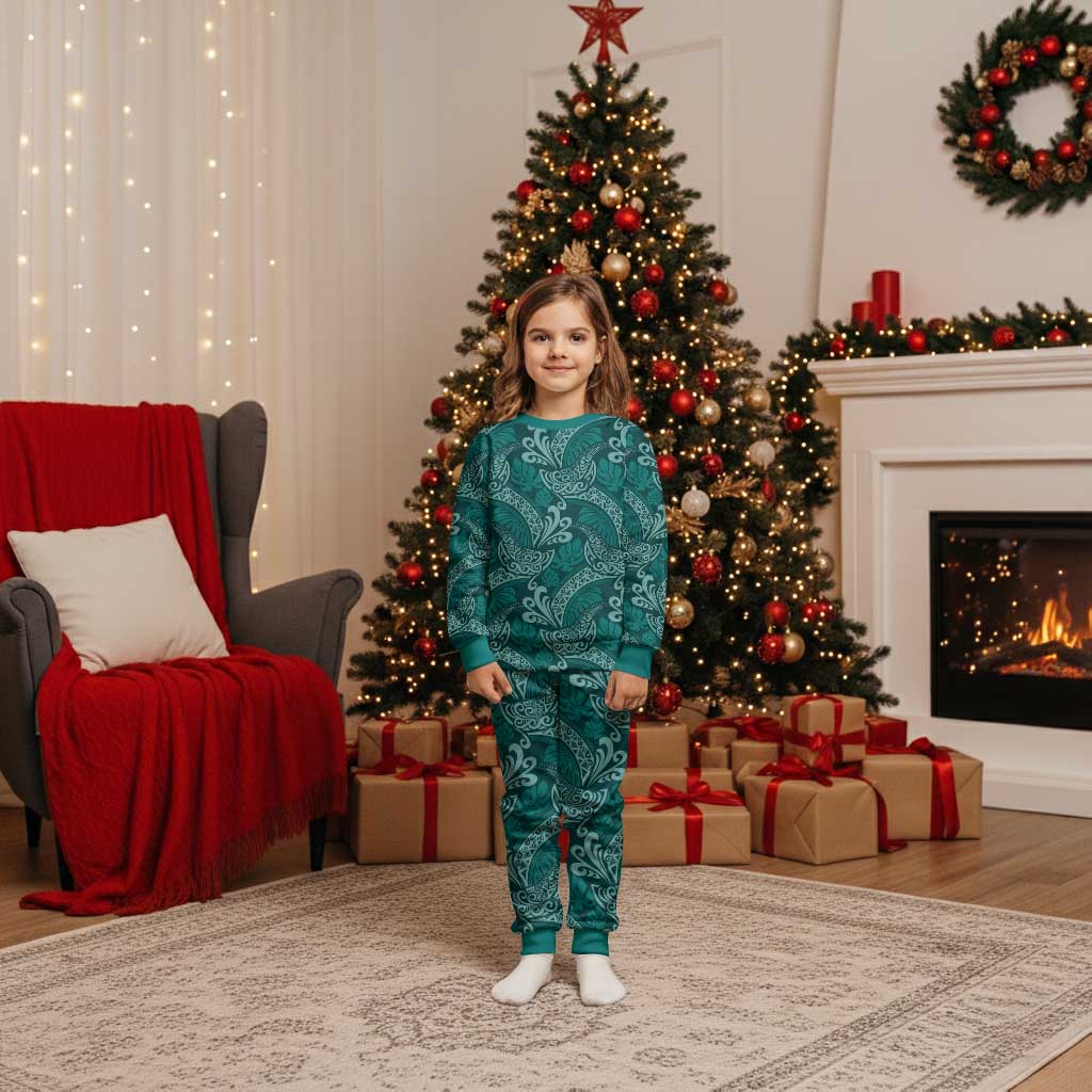 Teal Monstera Christmas Pajama Set Polynesian Tribal Pattern - Polynesian Pride