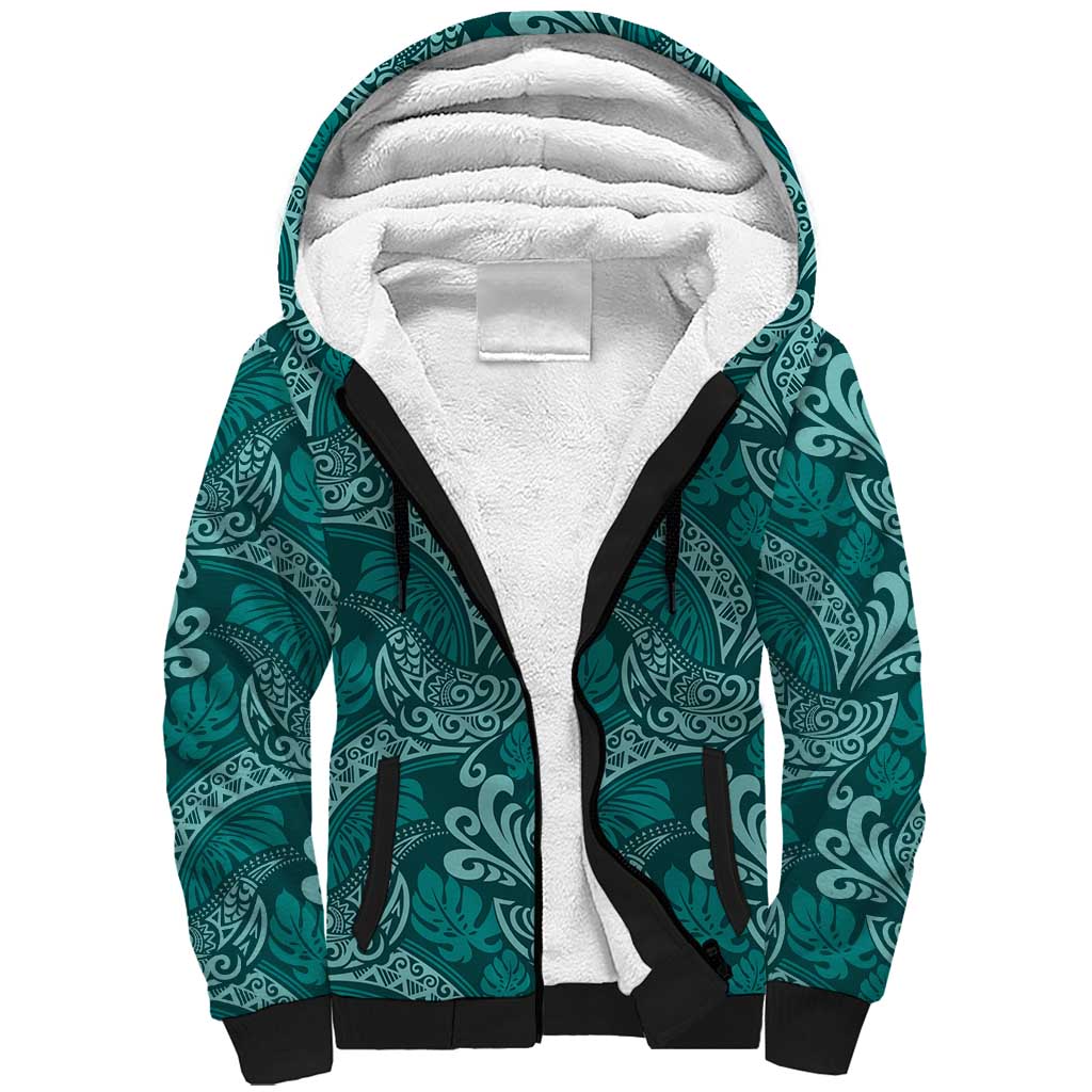 Teal Monstera Sherpa Hoodie Polynesian Tribal Pattern LT01 Unisex Teal - Polynesian Pride