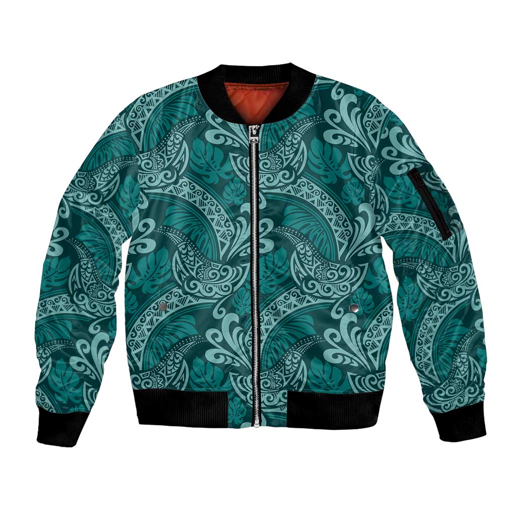 Teal Monstera Sleeve Zip Bomber Jacket Polynesian Tribal Pattern LT01 Unisex Teal - Polynesian Pride