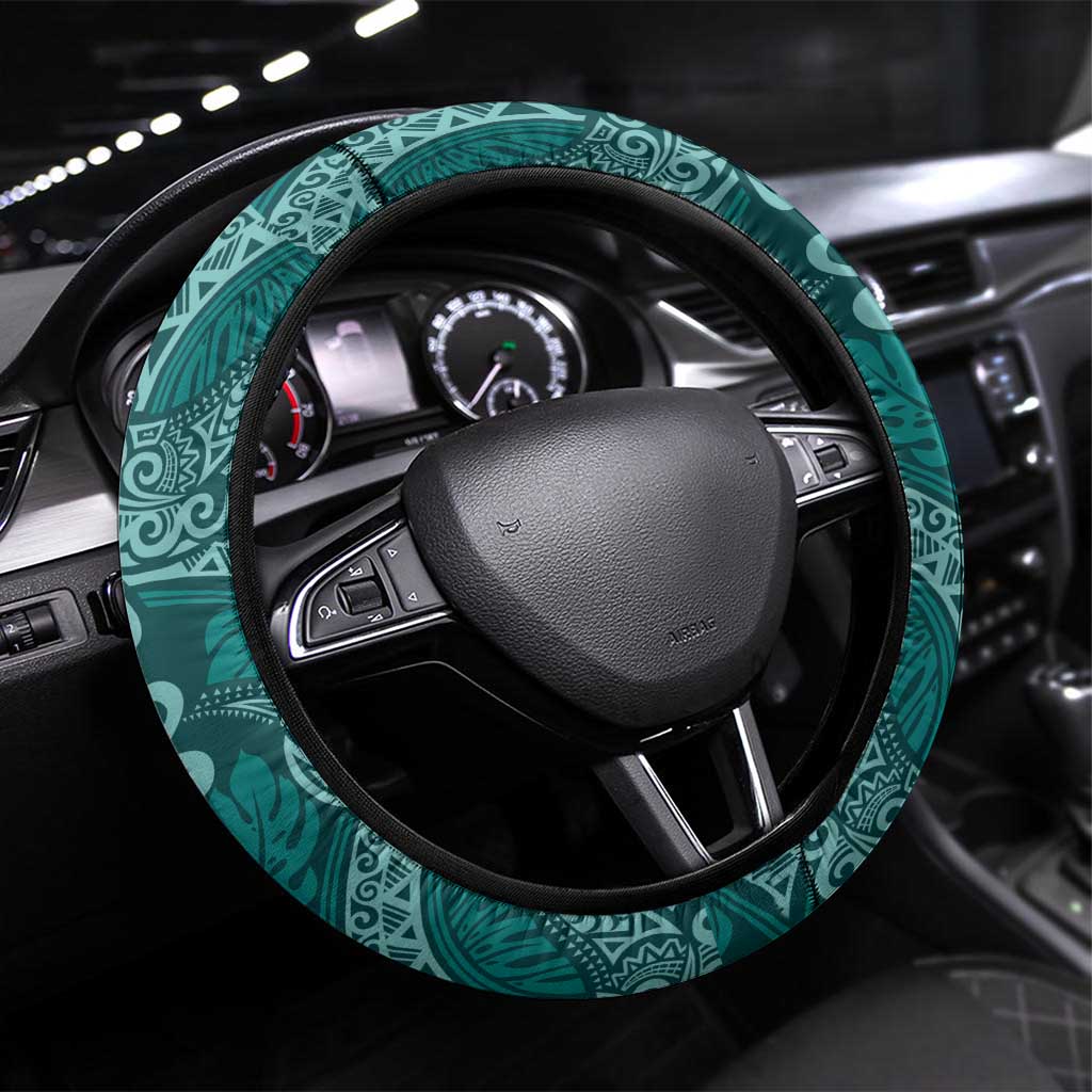 Teal Monstera Steering Wheel Cover Polynesian Tribal Pattern LT01 Universal Fit Teal - Polynesian Pride