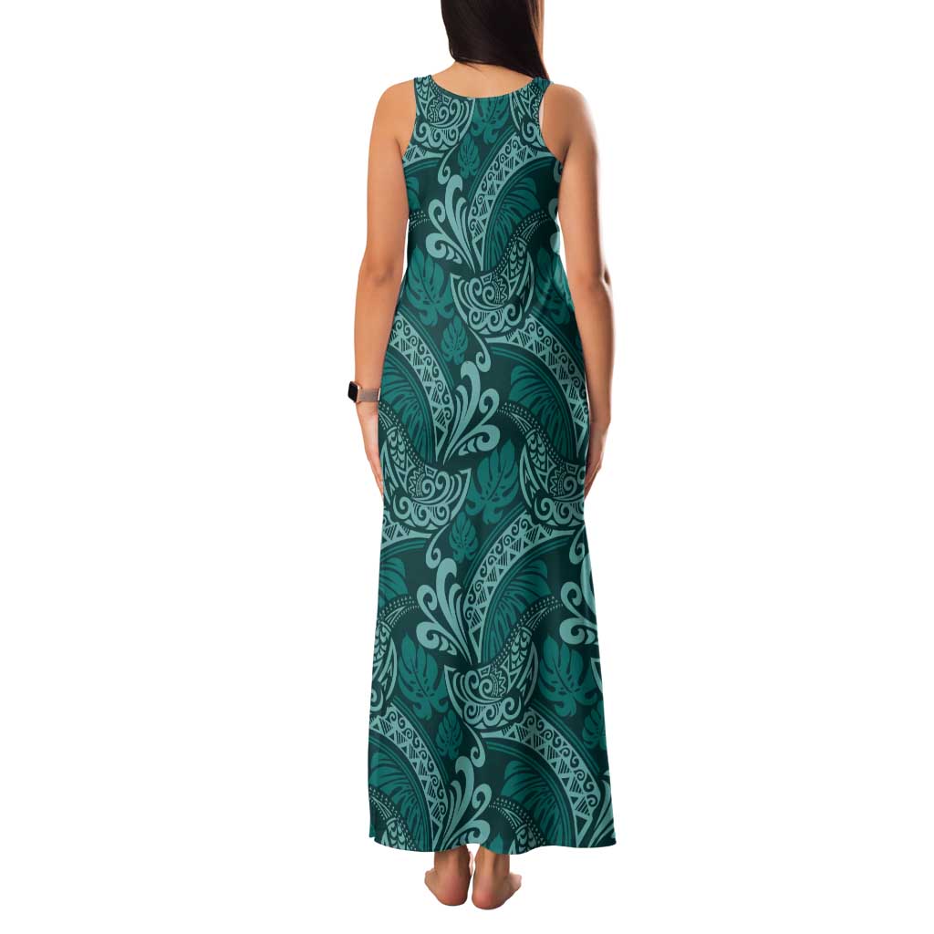 Teal Monstera Tank Maxi Dress Polynesian Tribal Pattern - Polynesian Pride