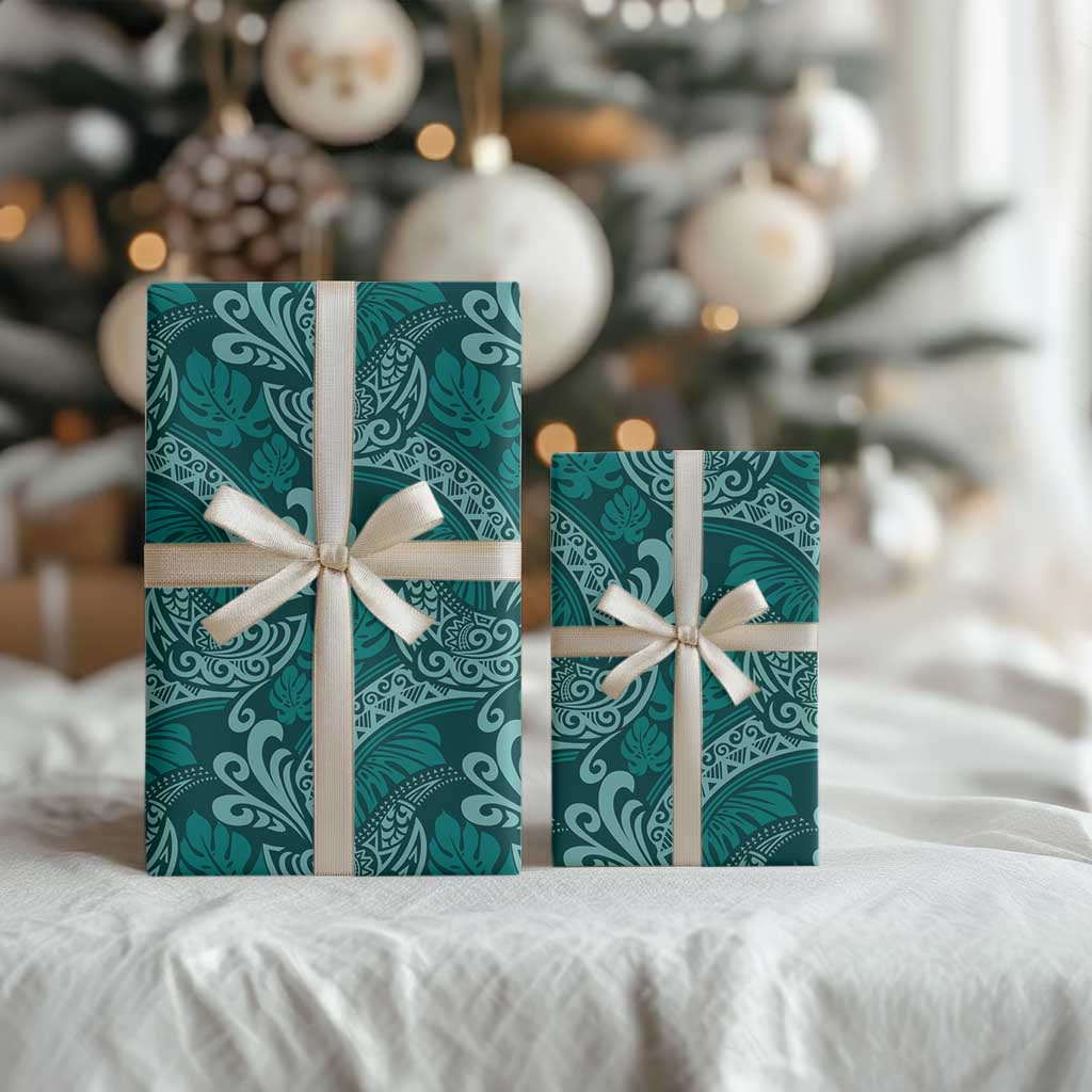 Teal Monstera Wrapping Paper Polynesian Tribal Pattern - Polynesian Pride