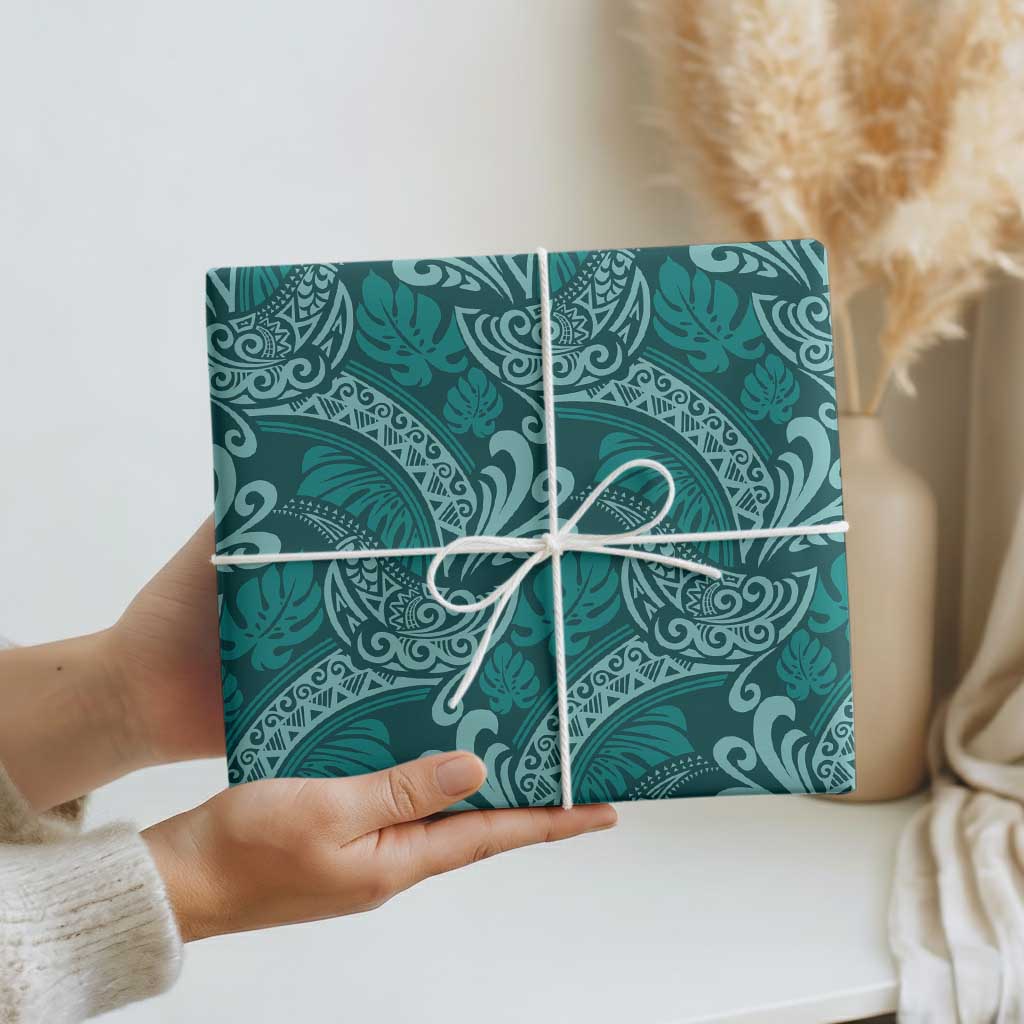 Teal Monstera Wrapping Paper Polynesian Tribal Pattern - Polynesian Pride