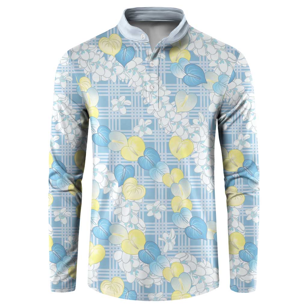 Anthurium Plumeria Lei Pastel Button Sweatshirt Blue Hawaiian Splendid Palaka