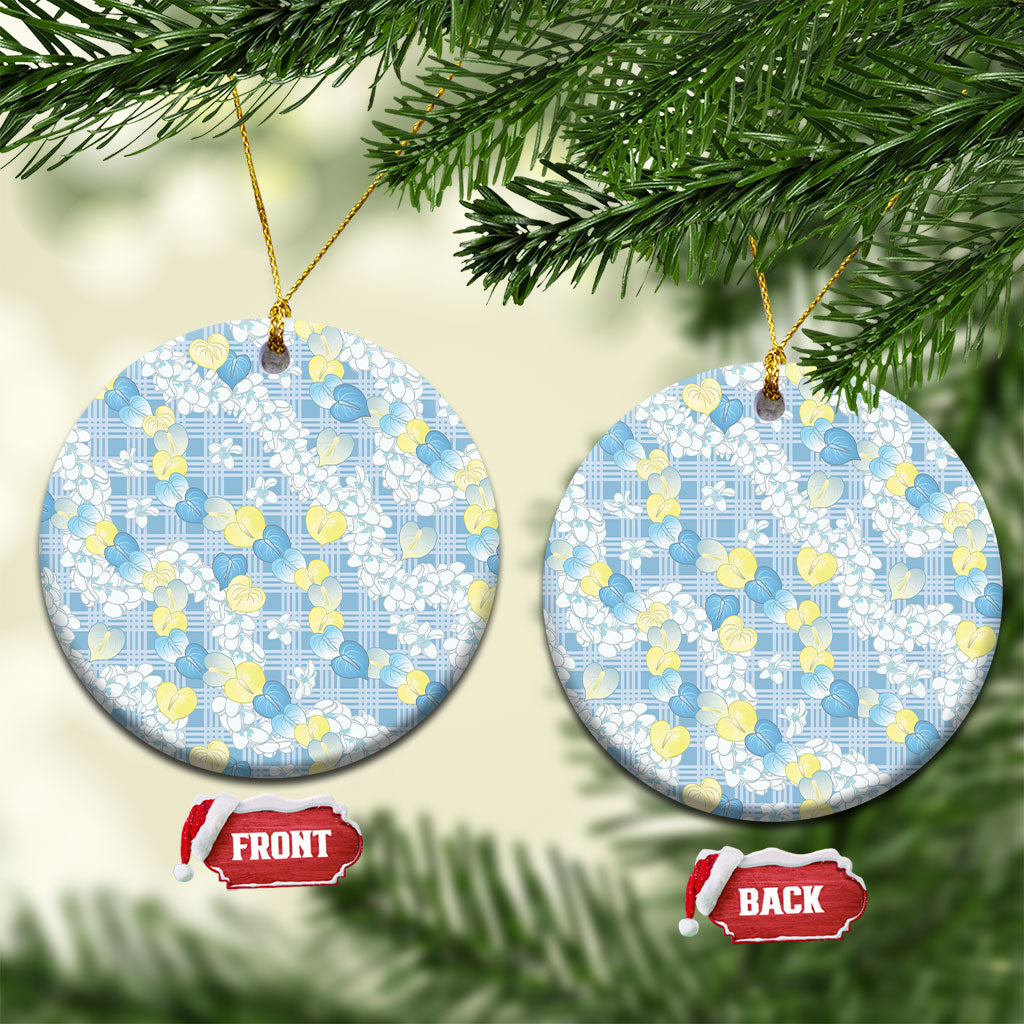 Anthurium Plumeria Lei Pastel Ceramic Ornament Blue Hawaiian Splendid Palaka LT01 Circle Blue - Polynesian Pride