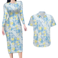 Anthurium Plumeria Lei Pastel Couples Matching Long Sleeve Bodycon Dress and Hawaiian Shirt Blue Hawaiian Splendid Palaka LT01 Blue - Polynesian Pride