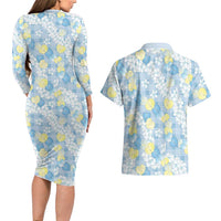 Anthurium Plumeria Lei Pastel Couples Matching Long Sleeve Bodycon Dress and Hawaiian Shirt Blue Hawaiian Splendid Palaka LT01 - Polynesian Pride