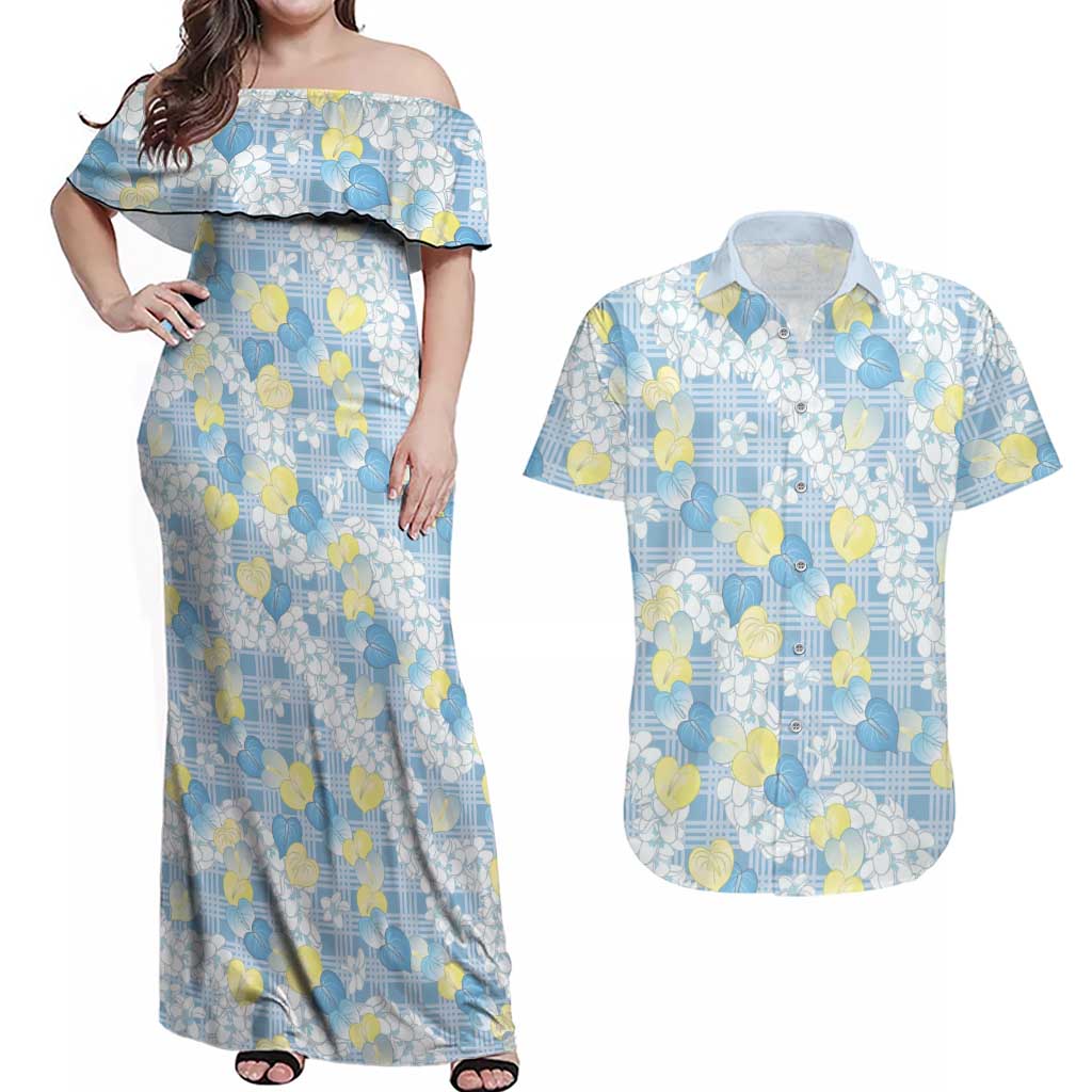Anthurium Plumeria Lei Pastel Couples Matching Off Shoulder Maxi Dress and Hawaiian Shirt Blue Hawaiian Splendid Palaka