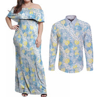Anthurium Plumeria Lei Pastel Couples Matching Off Shoulder Maxi Dress and Long Sleeve Button Shirt Blue Hawaiian Splendid Palaka