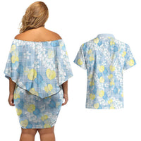 Anthurium Plumeria Lei Pastel Couples Matching Off Shoulder Short Dress and Hawaiian Shirt Blue Hawaiian Splendid Palaka