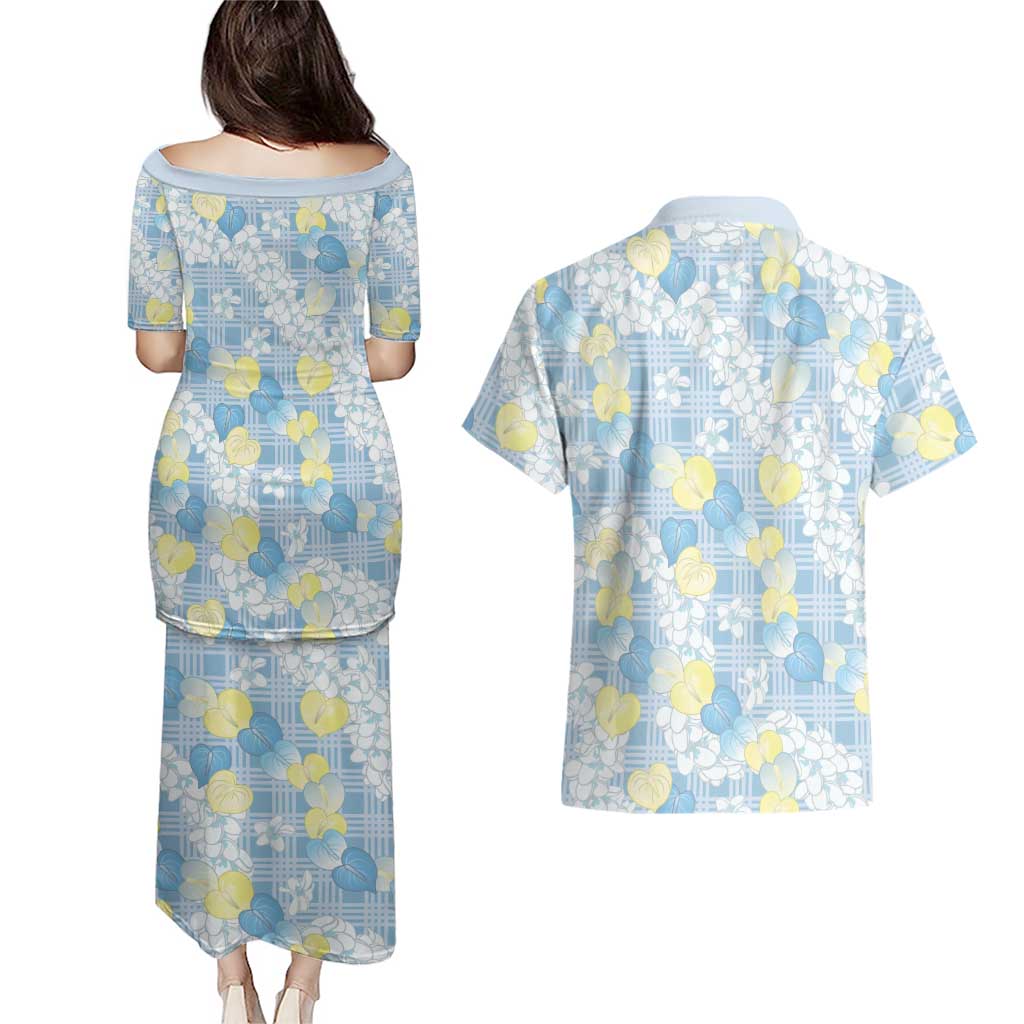 Anthurium Plumeria Lei Pastel Couples Matching Puletasi and Hawaiian Shirt Blue Hawaiian Splendid Palaka