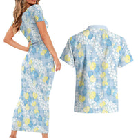 Anthurium Plumeria Lei Pastel Couples Matching Short Sleeve Bodycon Dress and Hawaiian Shirt Blue Hawaiian Splendid Palaka LT01 - Polynesian Pride