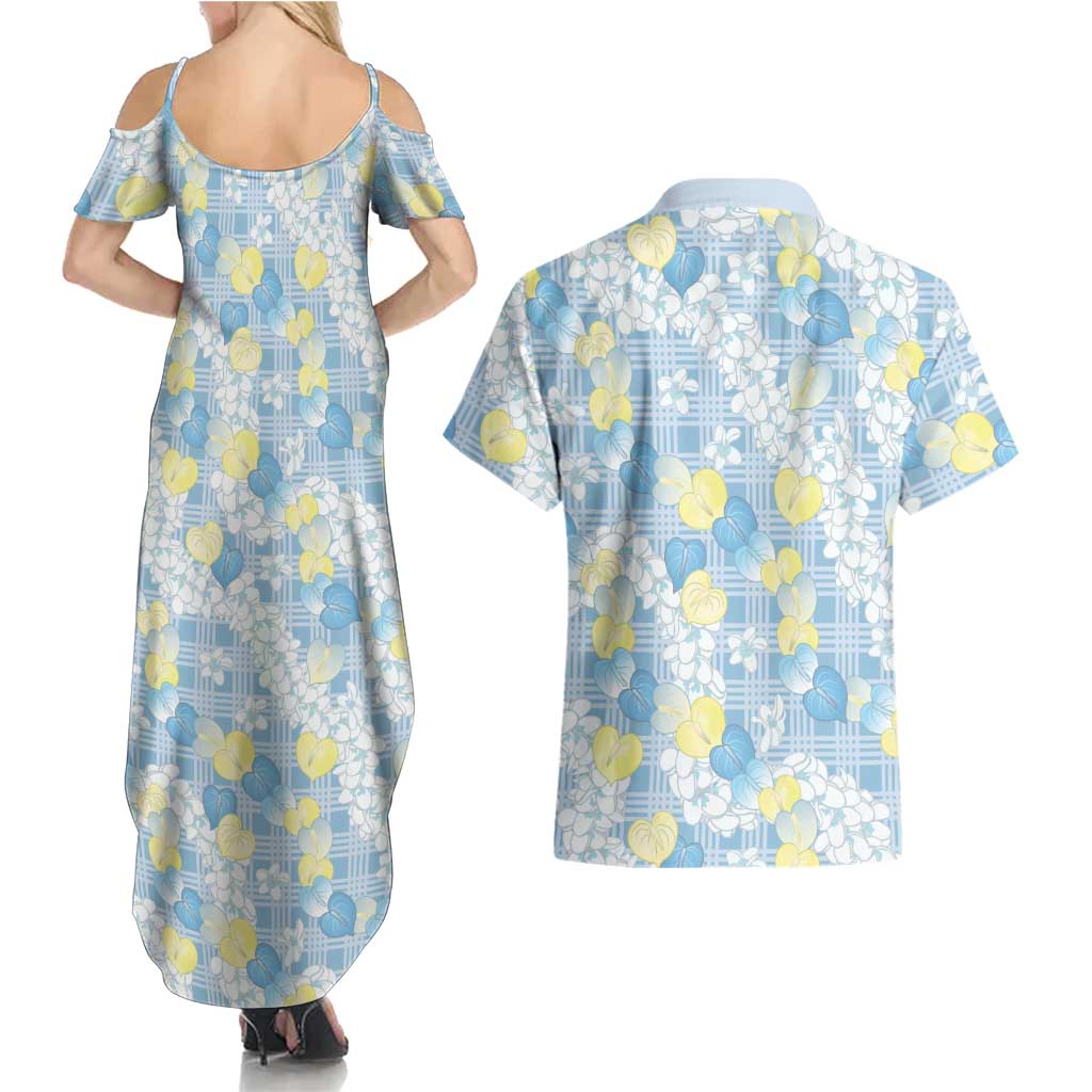 Anthurium Plumeria Lei Pastel Couples Matching Summer Maxi Dress and Hawaiian Shirt Blue Hawaiian Splendid Palaka