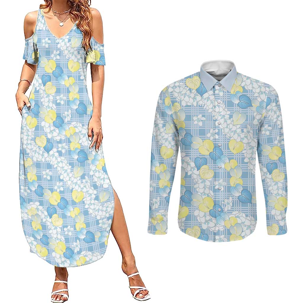 Anthurium Plumeria Lei Pastel Couples Matching Summer Maxi Dress and Long Sleeve Button Shirt Blue Hawaiian Splendid Palaka