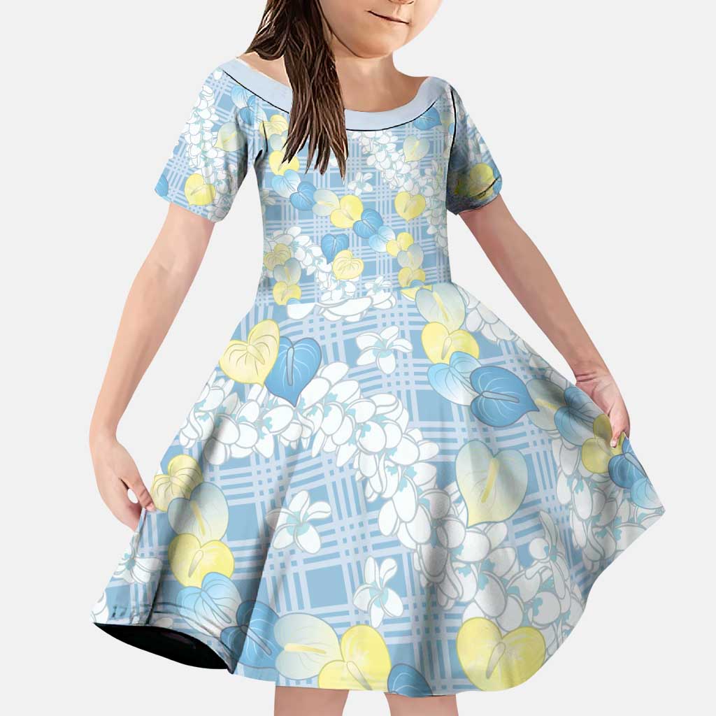 Anthurium Plumeria Lei Pastel Family Matching Long Sleeve Bodycon Dress and Hawaiian Shirt Blue Hawaiian Splendid Palaka LT01 Daughter's Dress Blue - Polynesian Pride