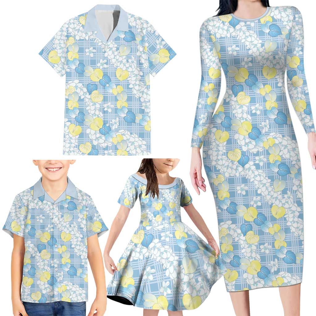 Anthurium Plumeria Lei Pastel Family Matching Long Sleeve Bodycon Dress and Hawaiian Shirt Blue Hawaiian Splendid Palaka LT01 - Polynesian Pride