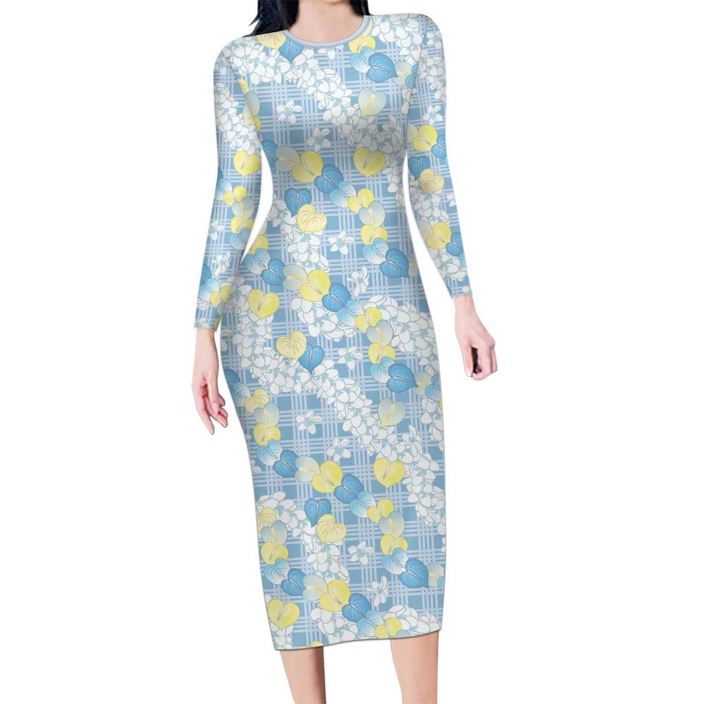 Anthurium Plumeria Lei Pastel Family Matching Long Sleeve Bodycon Dress and Hawaiian Shirt Blue Hawaiian Splendid Palaka LT01 Mom's Dress Blue - Polynesian Pride