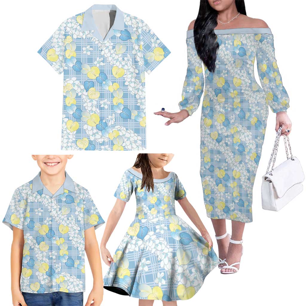 Anthurium Plumeria Lei Pastel Family Matching Off The Shoulder Long Sleeve Dress and Hawaiian Shirt Blue Hawaiian Splendid Palaka LT01 - Polynesian Pride