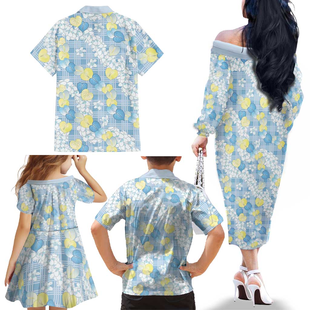 Anthurium Plumeria Lei Pastel Family Matching Off The Shoulder Long Sleeve Dress and Hawaiian Shirt Blue Hawaiian Splendid Palaka LT01 - Polynesian Pride
