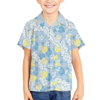 Anthurium Plumeria Lei Pastel Family Matching Off The Shoulder Long Sleeve Dress and Hawaiian Shirt Blue Hawaiian Splendid Palaka LT01 Son's Shirt Blue - Polynesian Pride