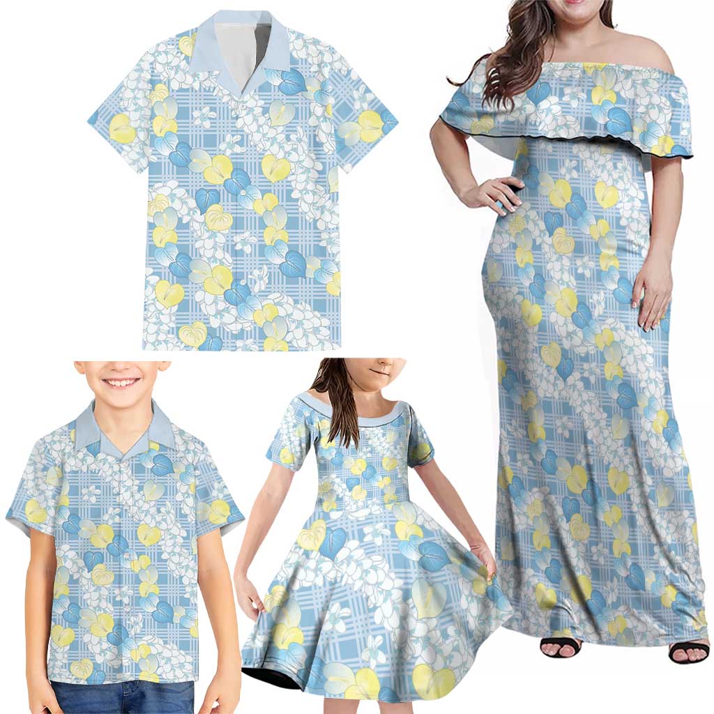 Anthurium Plumeria Lei Pastel Family Matching Off Shoulder Maxi Dress and Hawaiian Shirt Blue Hawaiian Splendid Palaka LT01 - Polynesian Pride
