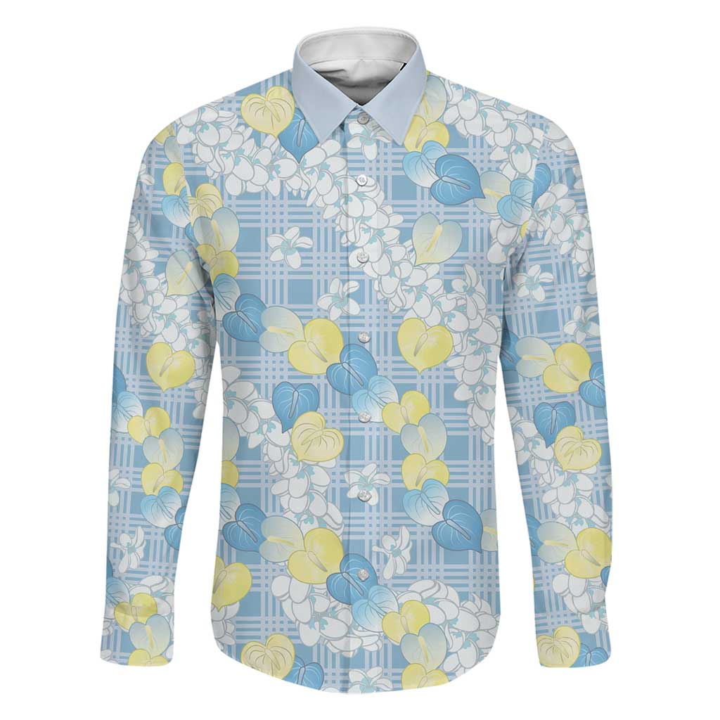 Anthurium Plumeria Lei Pastel Family Matching Off Shoulder Short Dress and Hawaiian Shirt Blue Hawaiian Splendid Palaka LT01 Dad's Shirt - Long Sleeve Blue - Polynesian Pride