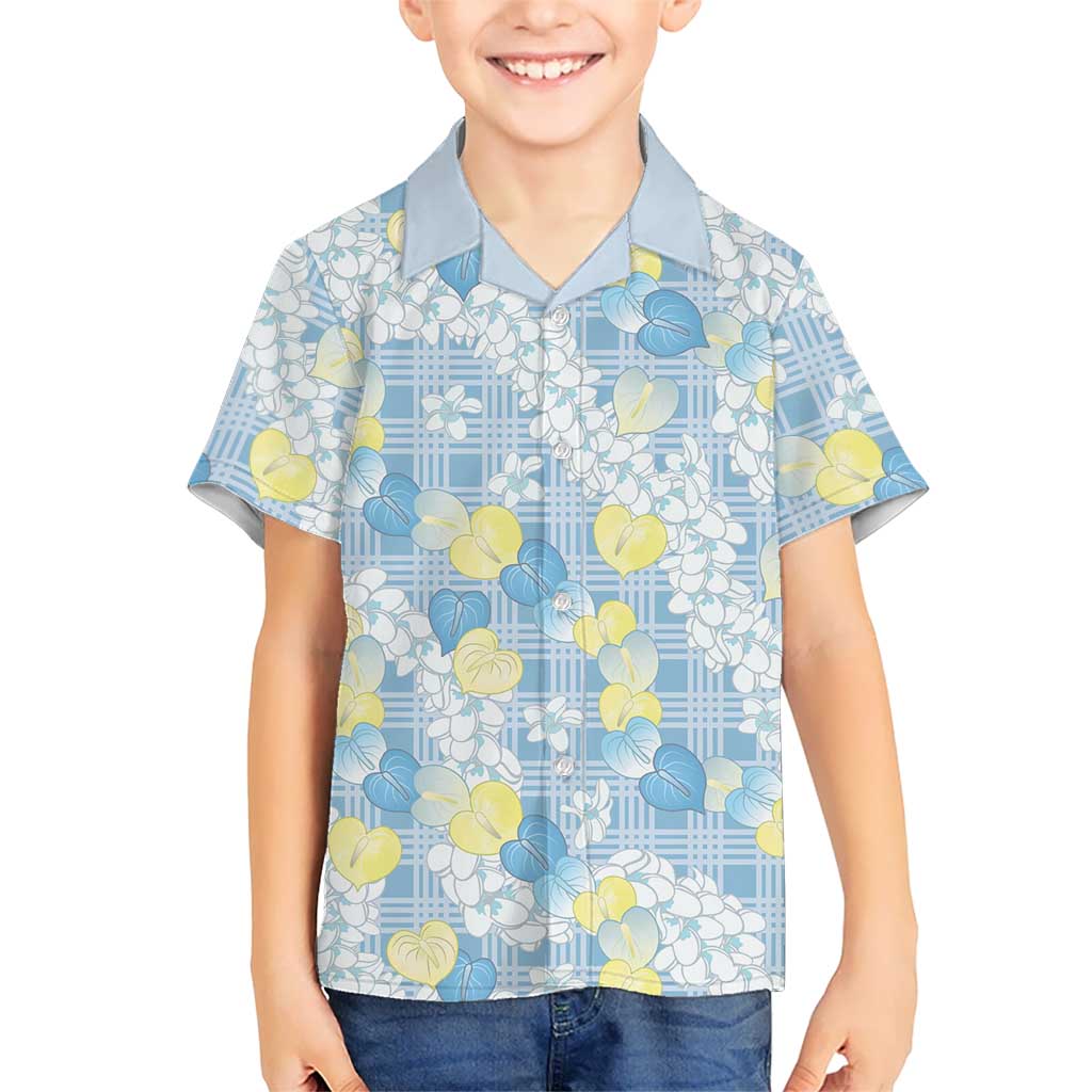 Anthurium Plumeria Lei Pastel Family Matching Off Shoulder Short Dress and Hawaiian Shirt Blue Hawaiian Splendid Palaka LT01 Son's Shirt Blue - Polynesian Pride