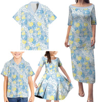 Anthurium Plumeria Lei Pastel Family Matching Puletasi and Hawaiian Shirt Blue Hawaiian Splendid Palaka LT01 - Polynesian Pride