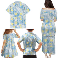 Anthurium Plumeria Lei Pastel Family Matching Puletasi and Hawaiian Shirt Blue Hawaiian Splendid Palaka LT01 - Polynesian Pride