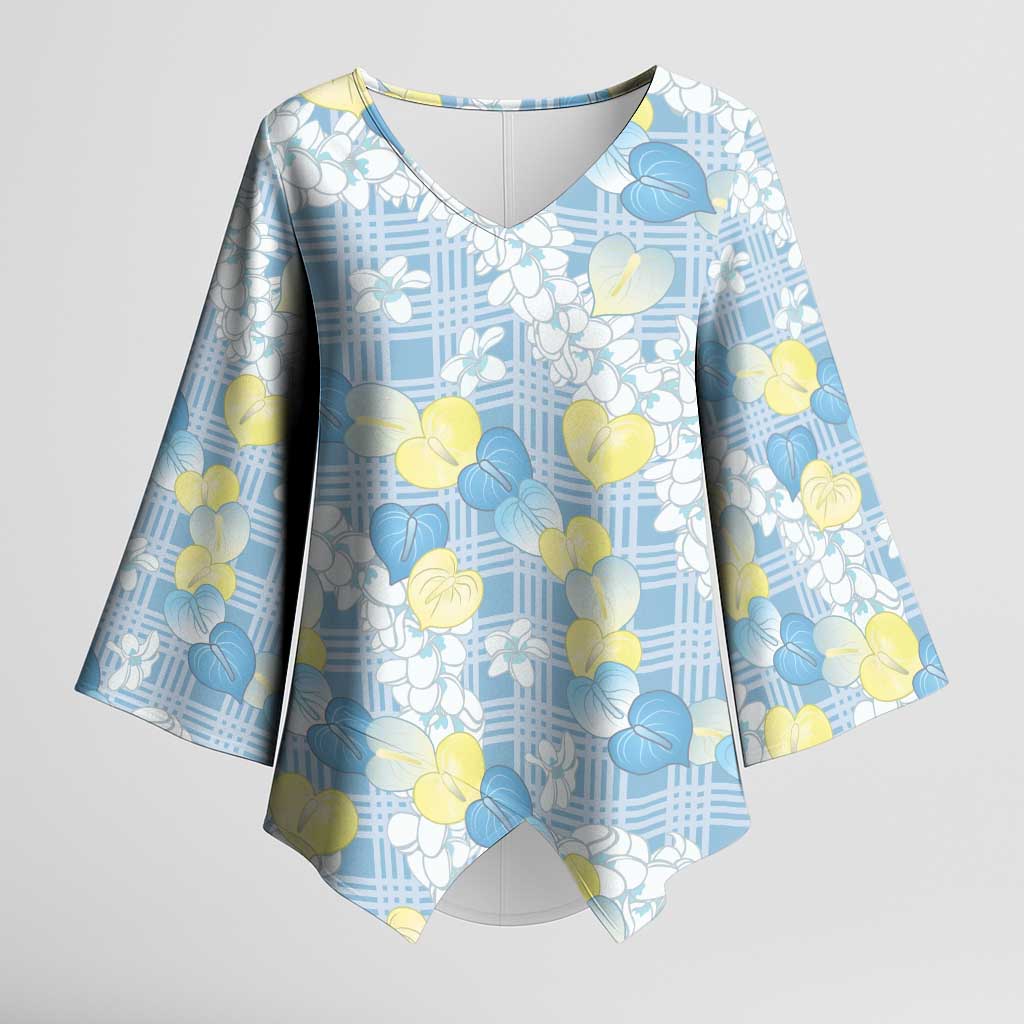 Anthurium Plumeria Lei Pastel Kimono Sleeve Blouse Blue Hawaiian Splendid Palaka