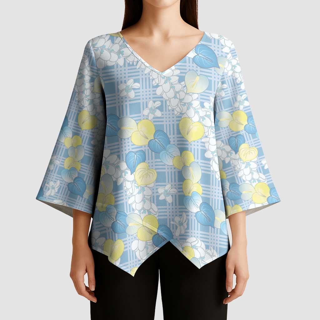 Anthurium Plumeria Lei Pastel Kimono Sleeve Blouse Blue Hawaiian Splendid Palaka