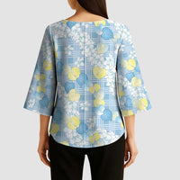 Anthurium Plumeria Lei Pastel Kimono Sleeve Blouse Blue Hawaiian Splendid Palaka