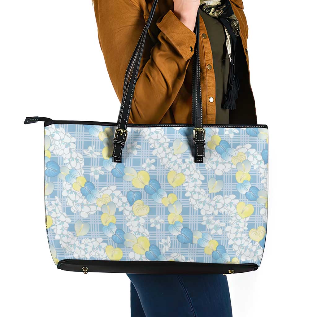 Anthurium Plumeria Lei Pastel Leather Tote Bag Blue Hawaiian Splendid Palaka