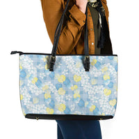 Anthurium Plumeria Lei Pastel Leather Tote Bag Blue Hawaiian Splendid Palaka
