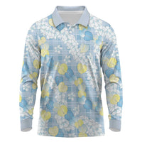 Anthurium Plumeria Lei Pastel Long Sleeve Polo Shirt Blue Hawaiian Splendid Palaka