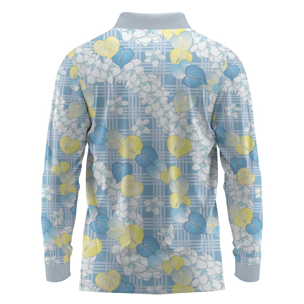 Anthurium Plumeria Lei Pastel Long Sleeve Polo Shirt Blue Hawaiian Splendid Palaka