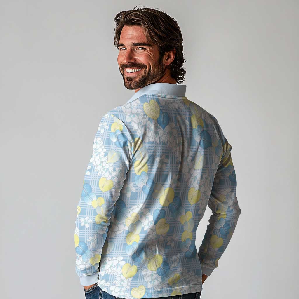 Anthurium Plumeria Lei Pastel Long Sleeve Polo Shirt Blue Hawaiian Splendid Palaka
