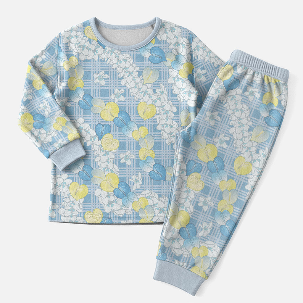 Anthurium Plumeria Lei Pastel Christmas Pajama Set Blue Hawaiian Splendid Palaka LT01 Men Blue - Polynesian Pride