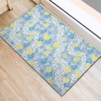 Anthurium Plumeria Lei Pastel Rubber Doormat Blue Hawaiian Splendid Palaka