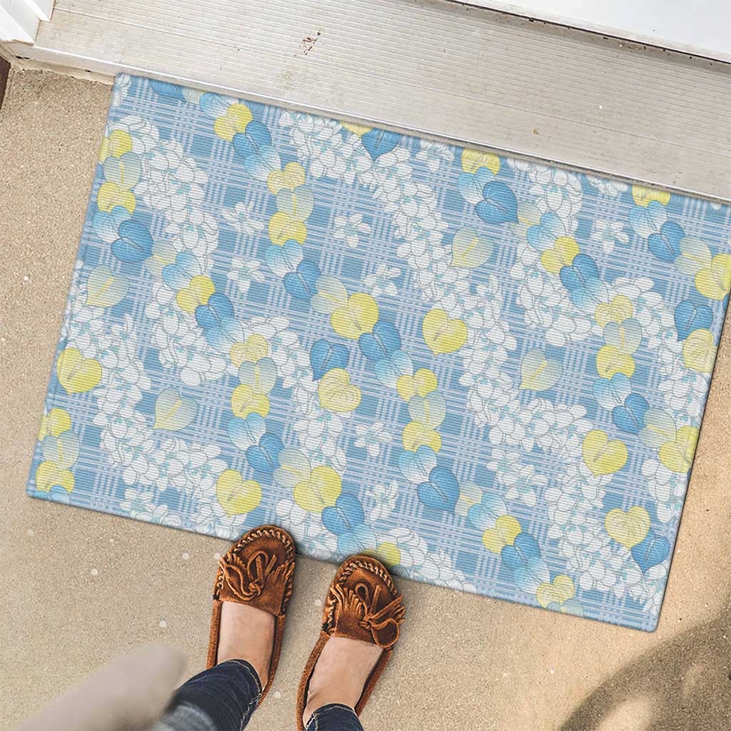 Anthurium Plumeria Lei Pastel Rubber Doormat Blue Hawaiian Splendid Palaka