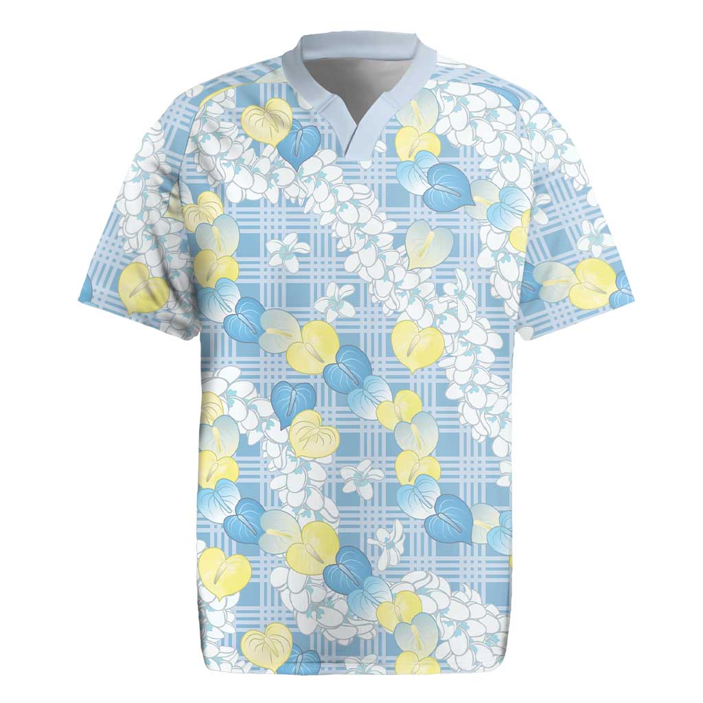 Anthurium Plumeria Lei Pastel Rugby Jersey Blue Hawaiian Splendid Palaka