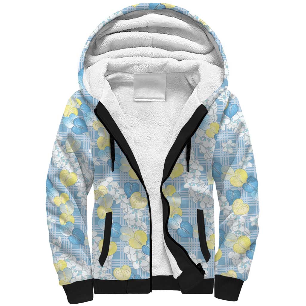 Anthurium Plumeria Lei Pastel Sherpa Hoodie Blue Hawaiian Splendid Palaka