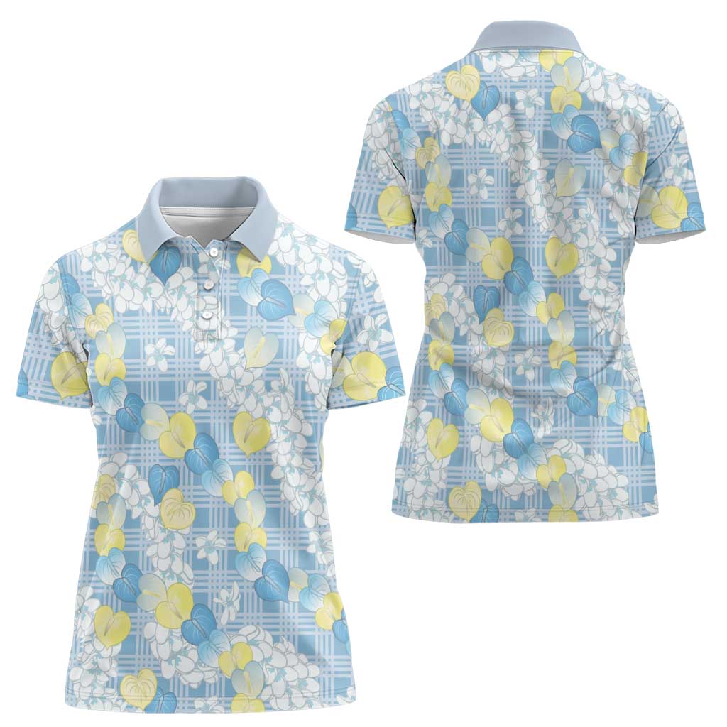 Anthurium Plumeria Lei Pastel Women Polo Shirt Blue Hawaiian Splendid Palaka