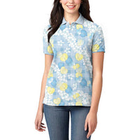 Anthurium Plumeria Lei Pastel Women Polo Shirt Blue Hawaiian Splendid Palaka