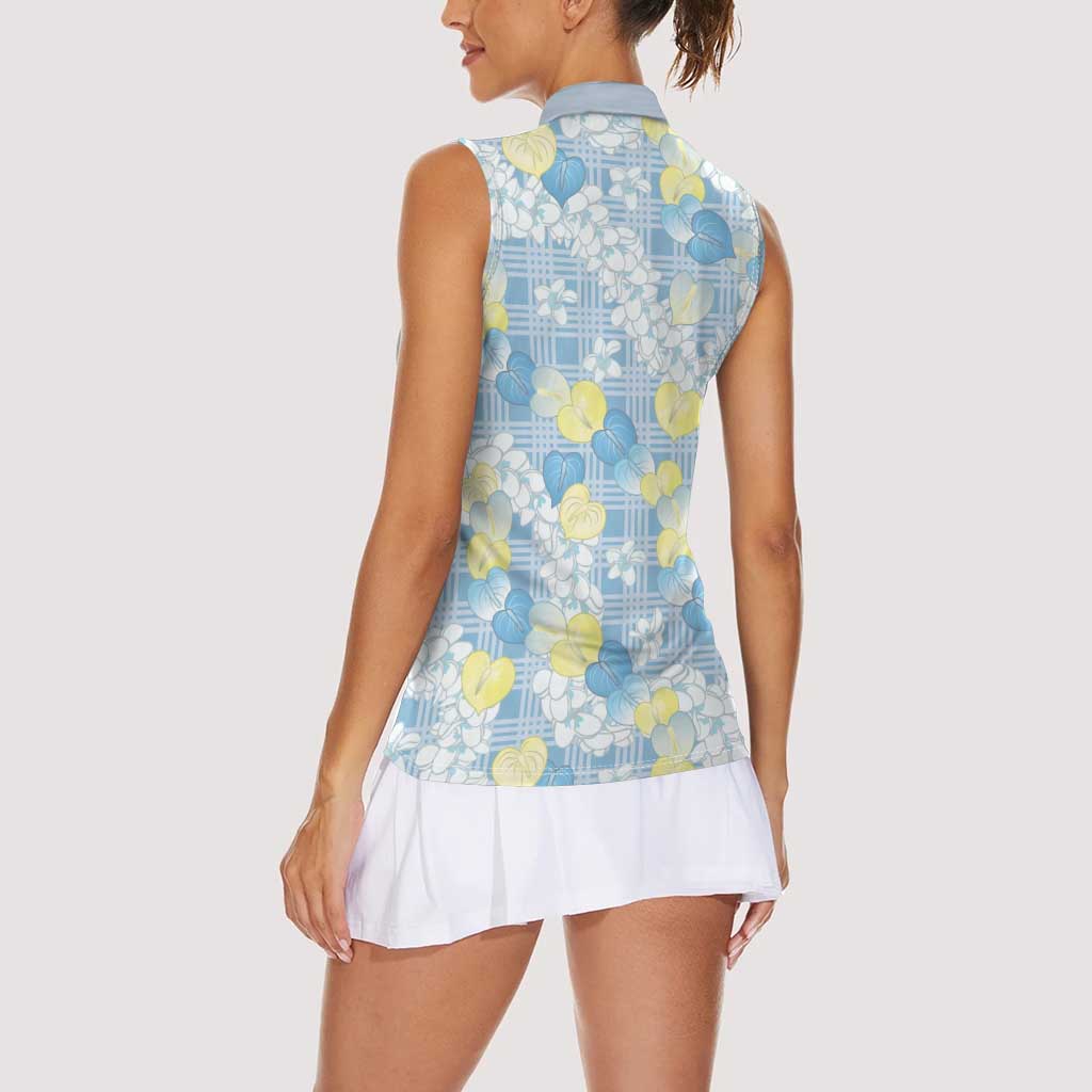 Anthurium Plumeria Lei Pastel Women Sleeveless Polo Shirt Blue Hawaiian Splendid Palaka