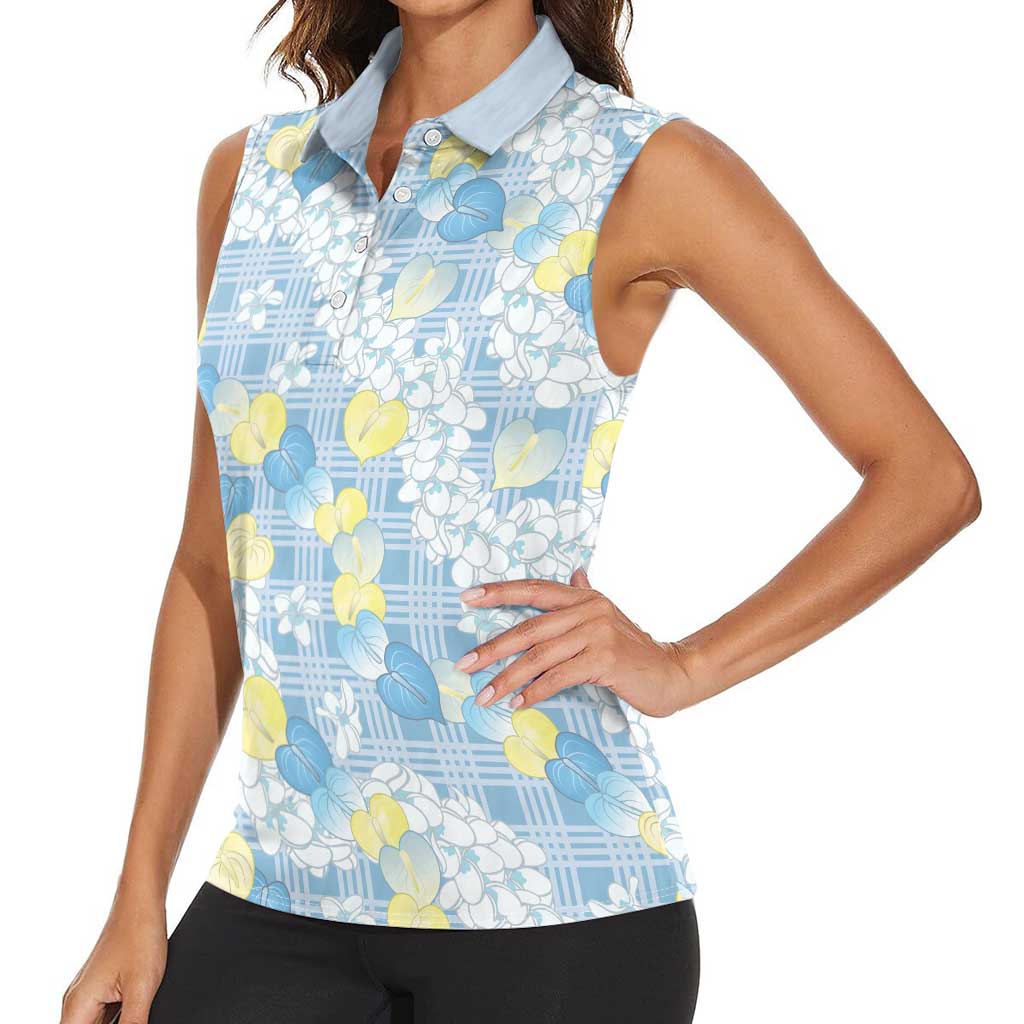 Anthurium Plumeria Lei Pastel Women Sleeveless Polo Shirt Blue Hawaiian Splendid Palaka