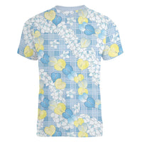 Anthurium Plumeria Lei Pastel Women V-Neck T-Shirt Blue Hawaiian Splendid Palaka
