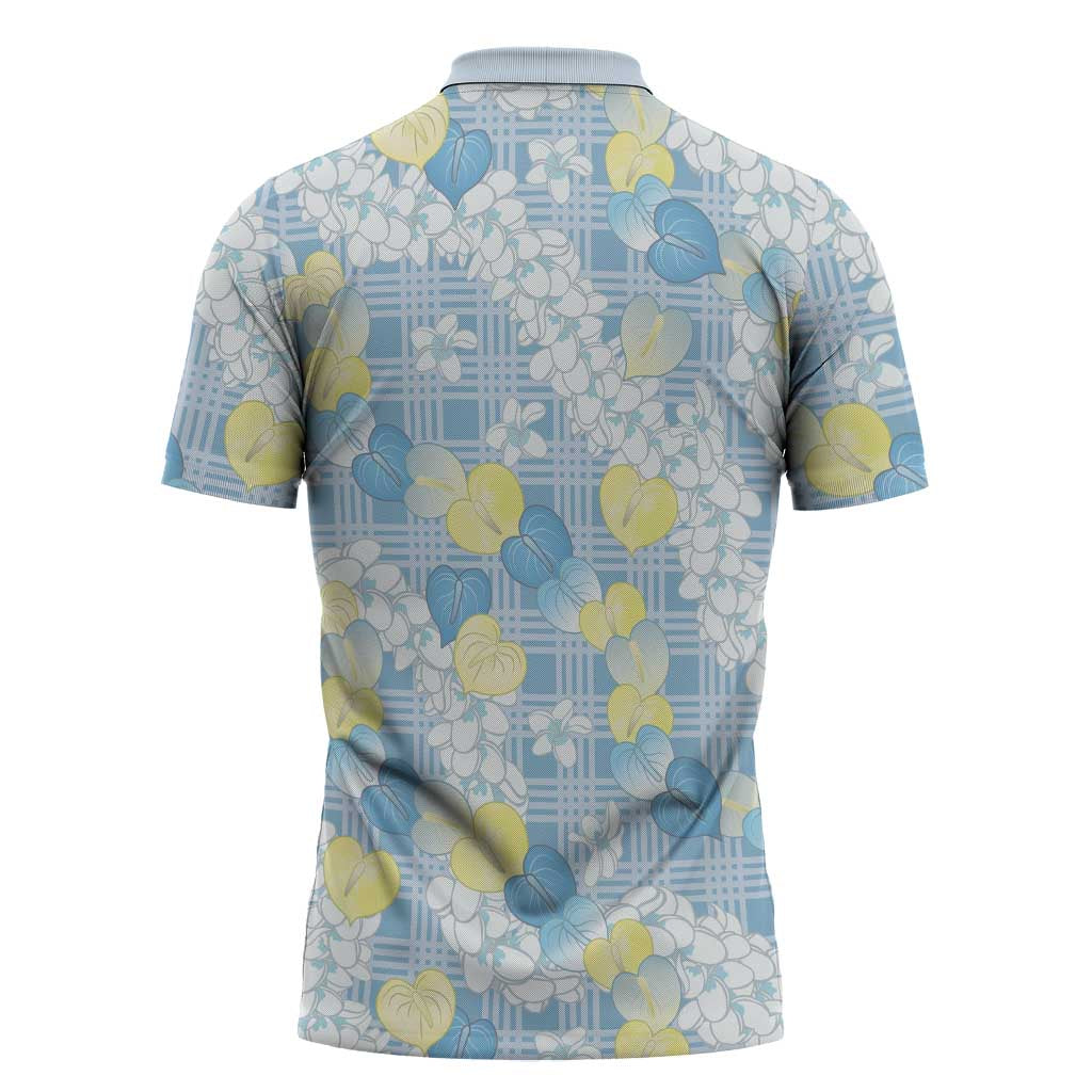 Anthurium Plumeria Lei Pastel Zipper Polo Shirt Blue Hawaiian Splendid Palaka