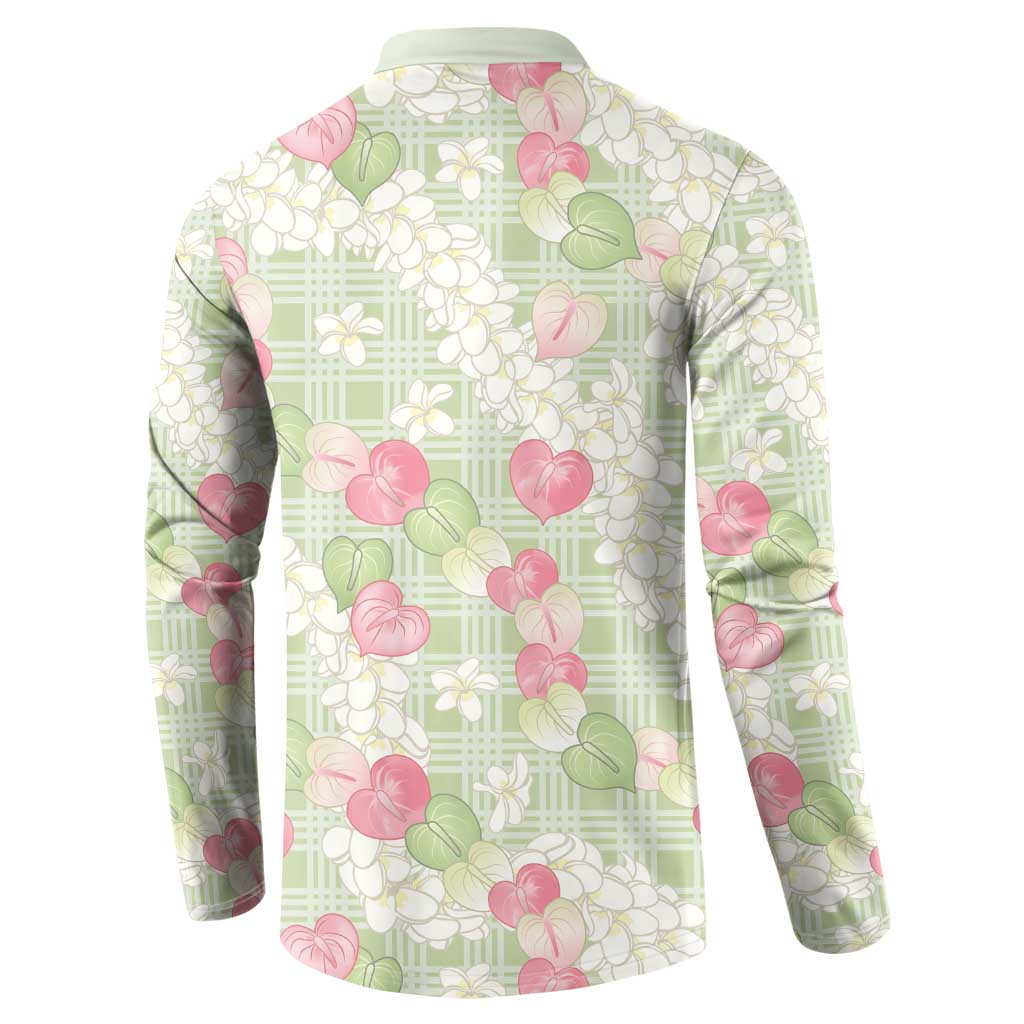 Anthurium Plumeria Lei Pastel Button Sweatshirt Green Hawaiian Splendid Palaka